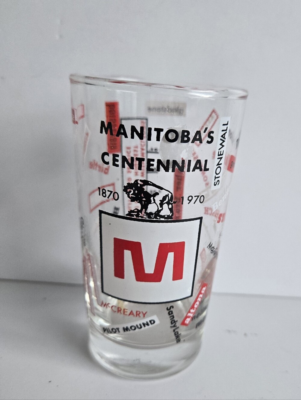 1970 Macleods Manitoba Centennial souvenir glass Vintage